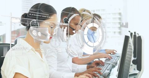 Office workers using headsets with futuristic data interface