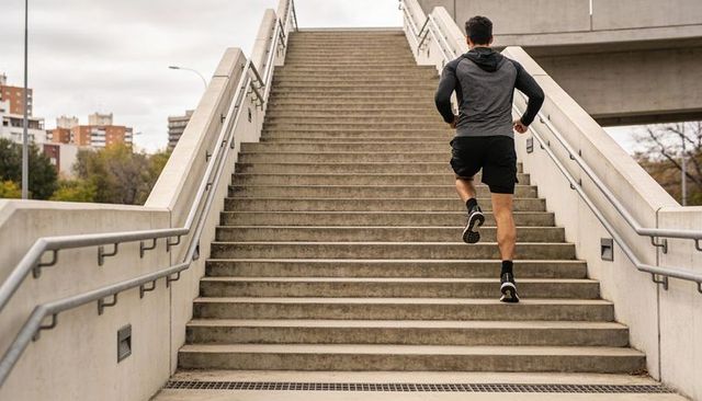 Male runner sprinting up concrete stairs to pedestrian overpass for urban fitness training