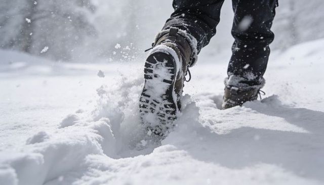 Hiker stepping through deep snow with rugged warm boots kicking powder and showing tread