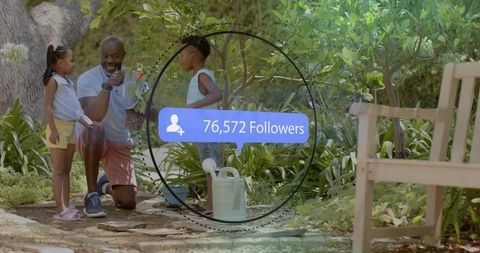 Father teaching children gardening with watering can and 76k followers social overlay