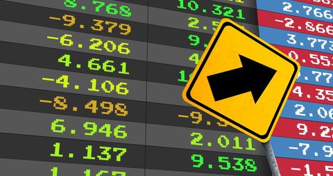 Graph displaying stock market data integrated with digital interface representing a road sign indicates global economic dynamics and potential investment opportunities. Useful for themes around finance innovation, data analysis, and digital transformation in business.