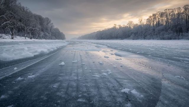 Stretching frozen river reflecting sunrise glow over frosted tree-lined banks, winter landscape