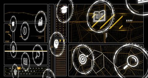 Abstract digital data icons on dark background