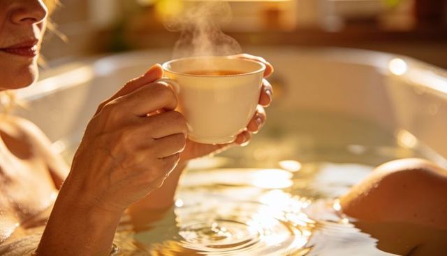 Middle-aged woman sipping steaming cup while soaking in bathtub during golden hour self-care moment