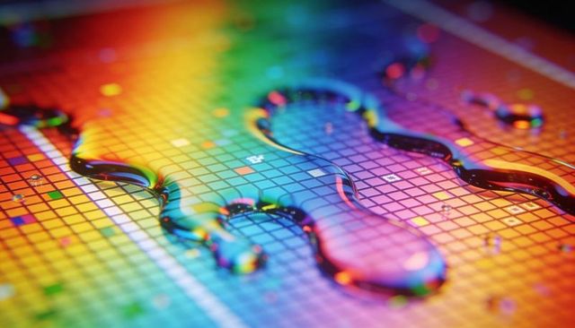 Iridescent liquid droplets on semiconductor wafer grid creating vibrant high-tech abstract