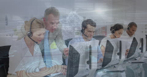 Data Processing Animation Overlaying Office Team in Discussion