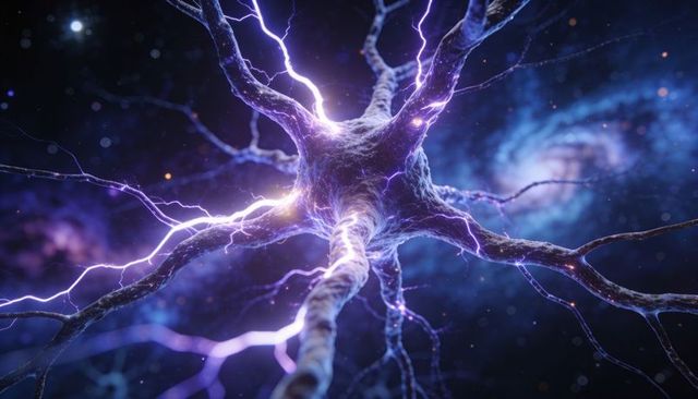 Glowing neural network synapse emitting purple electric arcs with cosmic nebula background