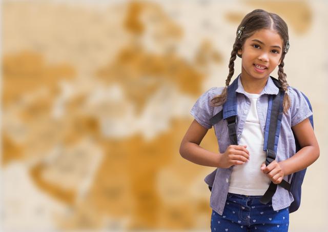 Digital composite of Girl with schoolbag against blurry brown map
