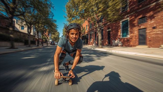 Skateboarder crouching on longboard speeding through sunlit tree-lined urban street, motion blur