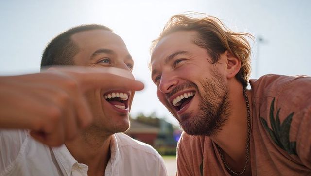 Friends laughing together in sunlit park, man pointing and sharing joyful moment outdoors