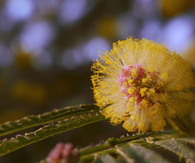 Close up of yellow mimosa flower over green leaves created using generative ai technology. Flowers, harmony and nature concept, digitally generated image.