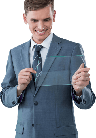 smiling businessman holding transparent glass sheet - Download Free Stock Videos Pikwizard.com