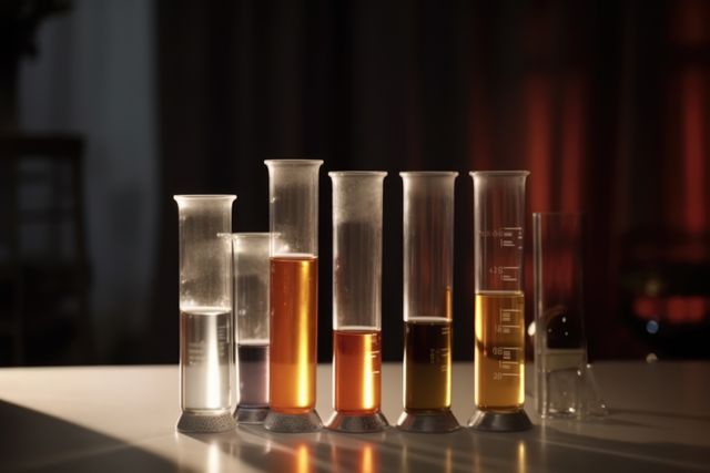 This image showcases multiple glass measuring cylinders filled with assorted colored liquids, ideal for illustrating topics related to science, chemistry, and lab experiments. Useful for educational materials, science lab websites, and research presentations.