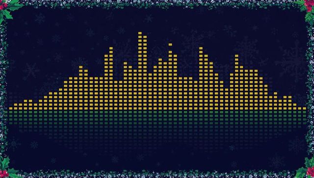 Festive audio equalizer mosaic gold green with holly border, mirror reflection and snowflakes