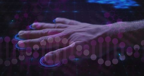 Placing right hand on holographic interface with purple-blue neon touch targets for ui concepts