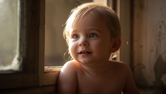 Shirtless toddler gazing through sunlit window, soft golden light and rustic wooden sill