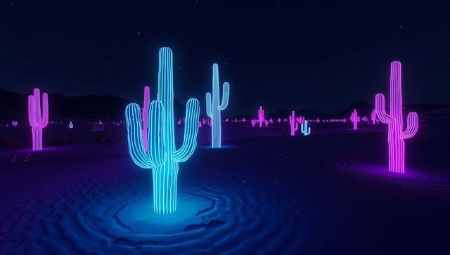 Futuristic neon cacti illuminating desert night