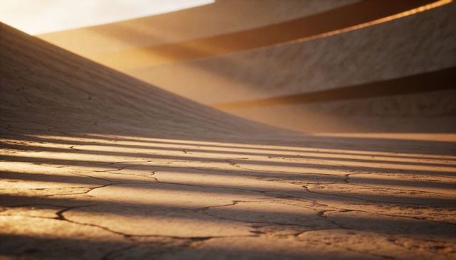 Sunrise casting long shadow bands across cracked dry desert basin and terraced ridges