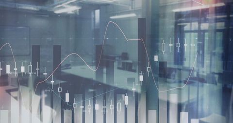 Candlestick and line market charts overlaying modern boardroom glass for business analytics