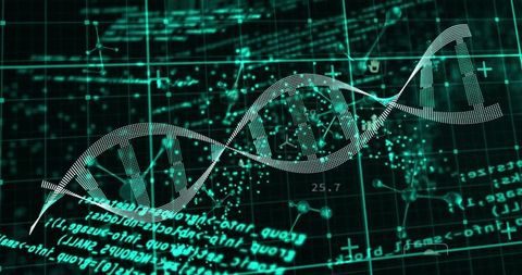 Displaying stylized DNA double helix floating in virtual dashboard with teal grid and code
