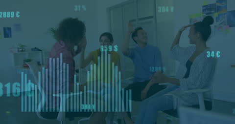 Business Team High Five Collaboration with Graphs Overlay