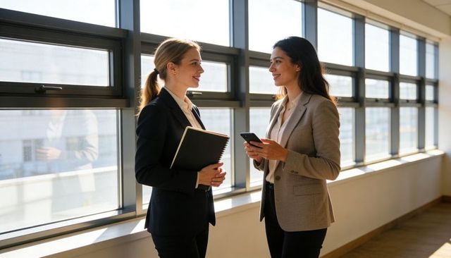 Two Female Colleagues Collaborating in Sunlit Office Corridor Holding Notebook and Phone
