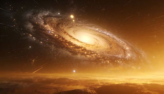 Golden Spiral Galaxy Looming Over Alien Horizon With Meteor Streaks and Amber Atmospheric Glow