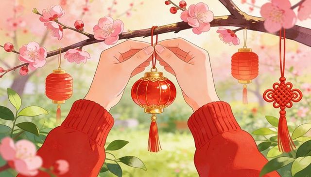 Hands tying red lantern on blossoming branch spring festival ornament and tassel decor