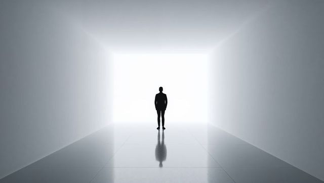 Silhouette Man in Suit Standing in Bright Minimal Corridor Backlit Casting Reflection on Glossy Floo