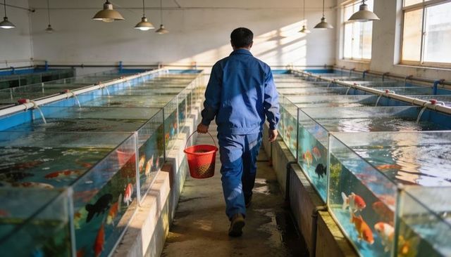 Walking asian aquaculture worker carrying red bucket through koi hatchery with glass tanks