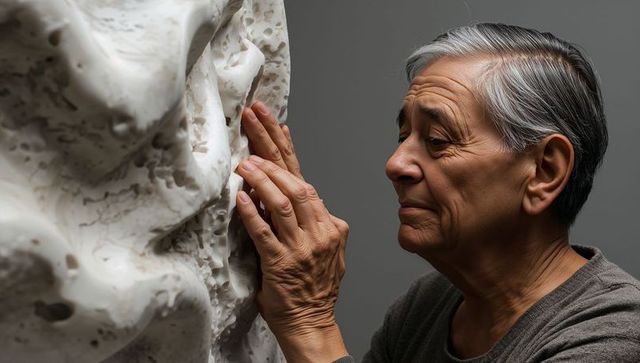 Senior asian man touching marble sculpture fingertips close-up conveying memory and care