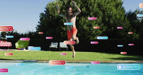 Shirtless man jumping into backyard pool with floating digital tags and social media icons overlay