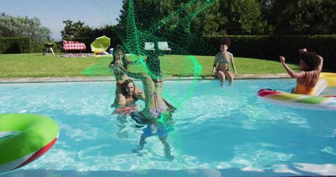 Friends splashing in backyard pool with neon green particle overlay, summer family fun