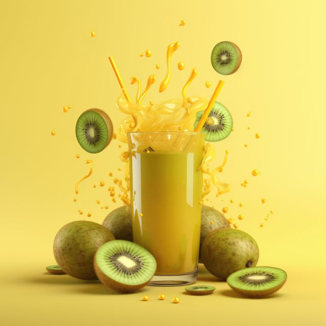 Splash fruit smoothie and kiwi slices on yellow background, created using generative ai technology. Fruit smoothie, food and drink, healthy eating concept digitally generated image.