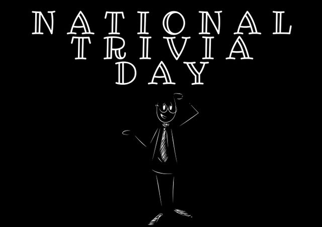 Digital composite image of national trivia day text over male drawing against black background. creativity, knowledge and copy space.