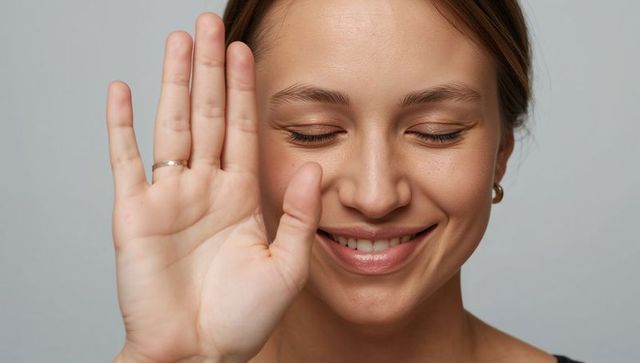 Smiling woman raising palm in gentle greeting; serene close-up headshot