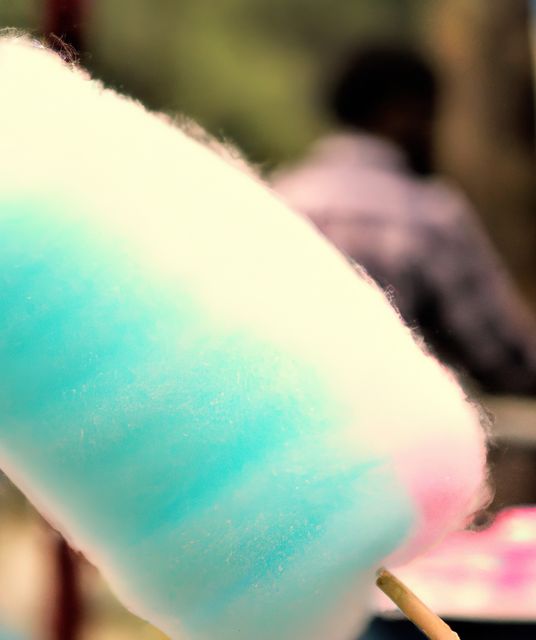 Close-up of vibrant blue and pink cotton candy with unfocused outdoor background. The image gives a whimsical and playful feeling, ideal for use in marketing materials for fairs, carnivals, amusement parks, and children's events.