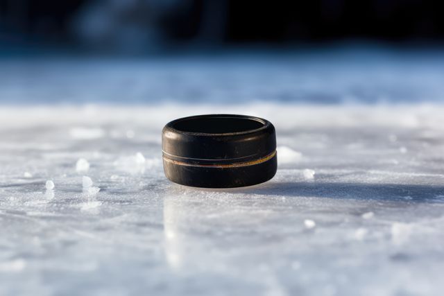 A hockey puck rests on the icy surface, symbolizing winter sports. It captures the essence of hockey, a game synonymous with cold climates and team spirit.