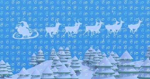 Flying santa sleigh among geometric snowy trees