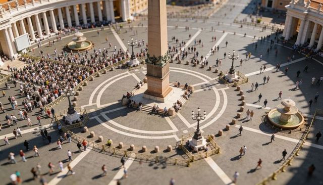 St peter's square obelisk anchoring circular plaza with fountains, colonnade and crowds