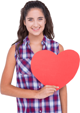 Happy Woman Holding Red Heart Card Transparent Background