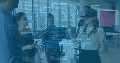 Woman Engaging with VR Technology Interface in Modern Office