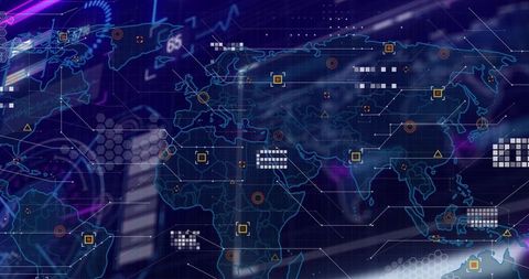 Futuristic Neon World Map Interface Displaying Global Network Nodes and Data Analytics