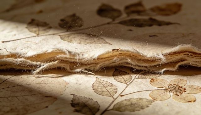 Sunlit handmade paper stacking with deckle edges and pressed botanical prints in sepia