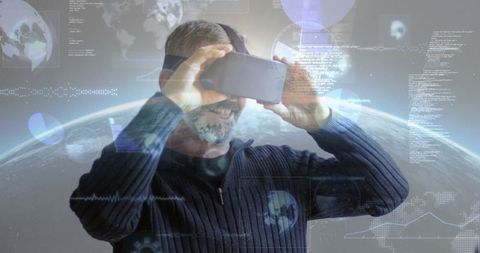 Man using VR headset for global data processing experience
