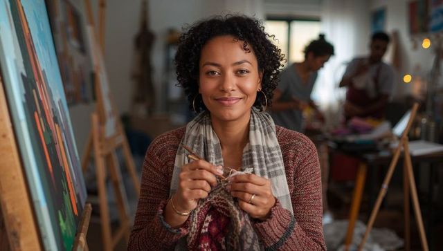 Creative woman knitting with wooden needles in vibrant art studio, cozy craft workshop