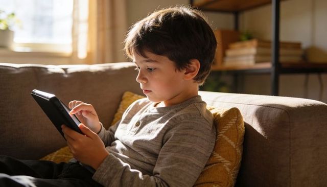 Young Boy Using Tablet on Sunlit Sofa, Cozy Home Scene with Bookshelf