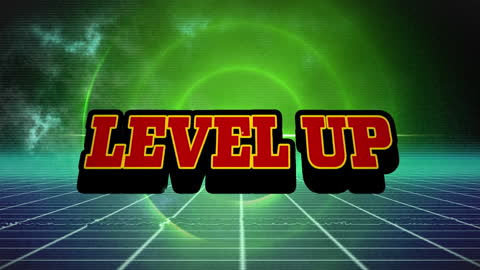 Retro Futuristic Level Up Graphics with Metaverse Grid Background