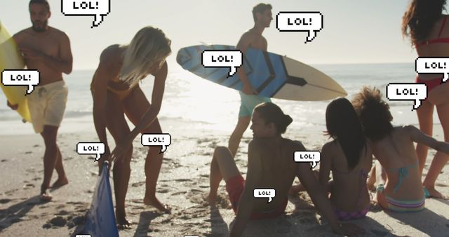 Image of speech bubbles with lol text over friends with surfboards on beach. digital interface, social media and global technology concept digitally generated image.