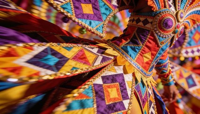 Spinning carnival dancer showcasing ornate beaded costume with vibrant geometric patterns